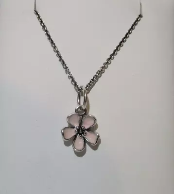 PANDORA Silver Cherry Blossom Pendant 390347EN40 & 45cm Long Necklace Chain • $85