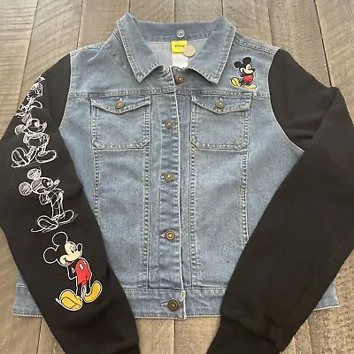 Disney Store Denim Jacket Womens Large Embroidered Mickey Sleeve Black • $22.74