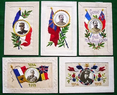 5 WW1 Military Embroidered Silk Postcards Allied Leaders Kitchener Joffre French • £16