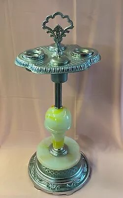 CHROME FLOOR ASHTRAY Art Deco SMOKING STAND Cigar Marble Slag Glass + Inserts • $274.99