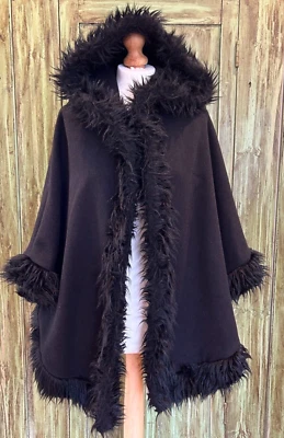 £19.99 • Buy Made In Italy Black Wool Blend Hooded Cape Jacket Poncho One Size Faux Fur Trim