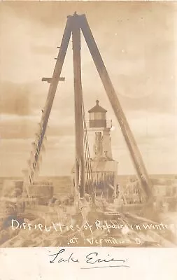 J71/ Vermilion Ohio RPPC Postcard C1910 Lake Erie Lighthouse Winter 34 • $73.60
