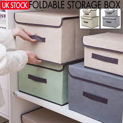 £6.56 • Buy SET Of 2 Foldable Canvas Storage Boxes Folding Fabric Clothes Basket With Lid UK