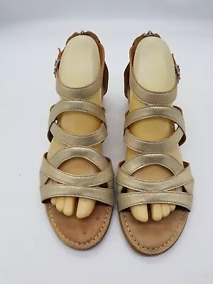 BOC Born Concept Gold Faux Leather Back Zip Wedge Heel Gladiator Sandals Sz 8 M • $14.99