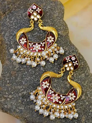 Gold Plated Indian Pakistani Meenakari Earrings-Wedding Chandbali Earrings Women • $13.99