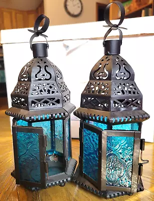 10  Tall LOT X2 Moroccan Blue Glass Lantern Pillar Or Votive Candle Holder PAIR • $39.90
