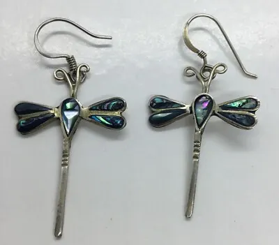 Vintage 1.75” Sterling Silver Abalone DRAGONFLY Dangle Post Earrings Signed ND • $18.99