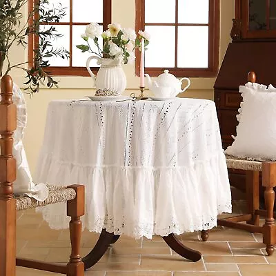 Vintage White Lace TableclothDesign Embroidered Cotton Ruffle Table Cloth Fo... • $106.39