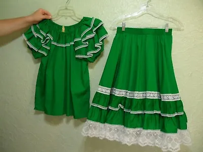 Vintage Square Dance Top & Skirt Sz M Green White Prairie Style Partners Please • $45