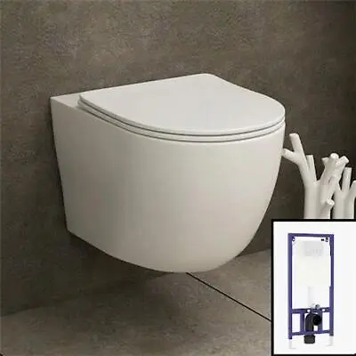 Abacus Wall Hung Rimless Toilet & Seat Round Button Concealed WC Cistern Frame • £147.99