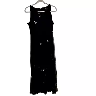 Vintage 90s Y2K Mesh Lace Butterfly Long Dress Sz 14 Whimsigoth Fairy Goth Black • $34.99