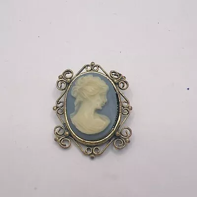 Vintage Costume Gold Tone Cameo Blue Woman Pendant Pin Brooch • $15
