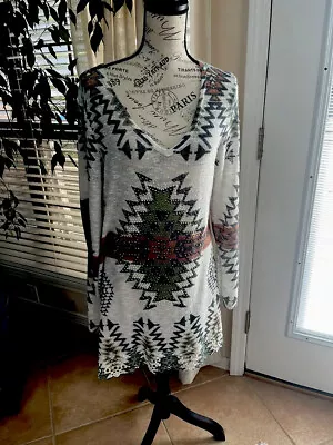 Vocal USA Sweater Dress Women's Size Large Long Sleeve V-Neck Rhinestones Beads • $11.99