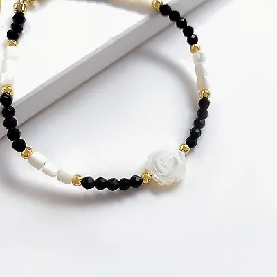 Women Vintage 14K Gold Plated Natural White Shell Rose Black Spinel 3mm Bracelet • $19.99