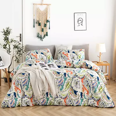 Boho Paisley Duvet Cover Set 100% Cotton King Size Bedding 3 Pieces Set 1 Orange • $75.99