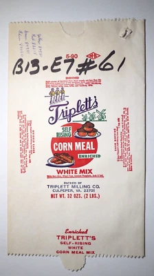 $12 • Buy Vintage Paper Sack Bag - TRIPLET'S CORN MEAL, TRIPLETT MILLING, CULPEPER VA 1990