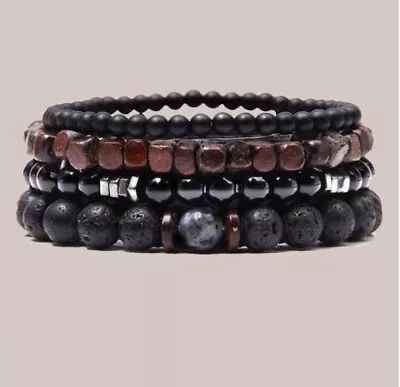 4pcs Set Mens Black Brown Beaded Stone Wristband Bangle Bracelet Cuff Birthday • £5.49