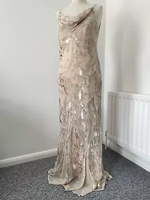 Monsoon Devore Dress Bias Cut Floral Cowl Maxi Sz 16 Wedding Prom 90s Silk Beige • £100