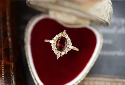 £119.23 • Buy 2CT Oval Cut Lab Created Garnet Wedding Women's Halo Ring 14K Yellow Gold Finish