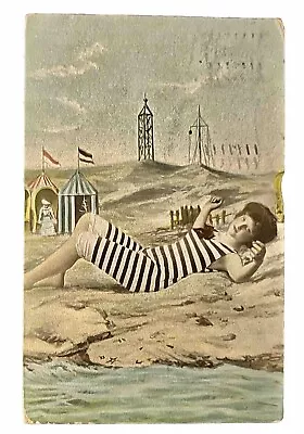 Bathing Beauty Girl Beach Striped Swimming Suit Cabanas Vtg 1910s Post Card • $6.67