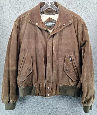 VINTAGE Members Only Suede Bomber Jacket Mens 44 Brown Sherpa Lined Flight Logo • $24.98