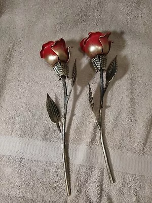 2 Forged Steel Red Rose Stemmed 12  Tall Heavy Metal Home Art Decor • $42.99