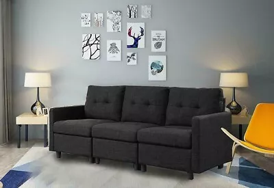 3-Seats Sofa Set Contemporary Living Room Linen Fabric Couch Furniture Black • $507.97