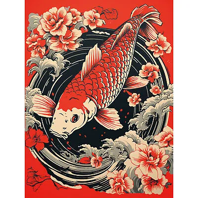 Koi Fish Carp Japanese Whirlpool Red Black Illustration Art Poster Print Giant • £18.49