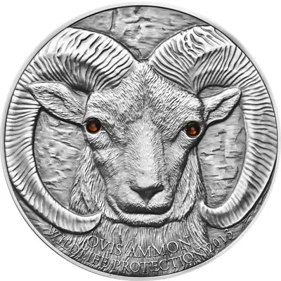 Mongolia 2013 Argali 500 Togrog Pure 1 Oz Silver Coin Swarovski Eyes Perfect • $255