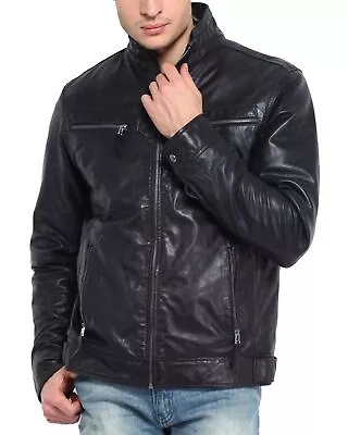 Mens Leather Jacket Motorbike Motorcycle Long Sleeve Stand-Up Collar Coat MJ01 • $166.95