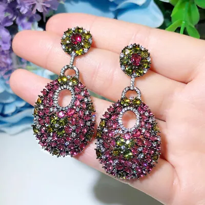 Charming Black Gold Plated Rose Red Oval Cluster CZ Multicolor Long Drop Earring • $15.80