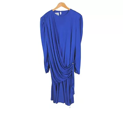 Leon Cutler Vintage 90s Dress Size 16 Solid Blue Long Sleeve Draped Shoulder Hip • $39.95