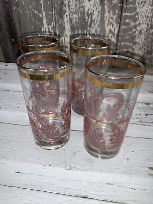 VTG Mid Century Embossed Pink Leaf Gold Glass Tumbler Set Of 4~ 12 Oz~ 5.5  • $10