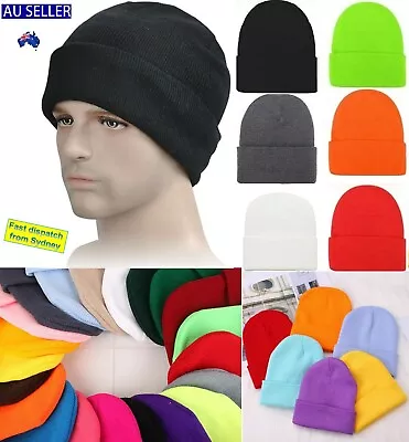 MEN Women Plain Winter Ski Thermal WARM Knit Knitted BEANIE HAT Cap AU • $5.15