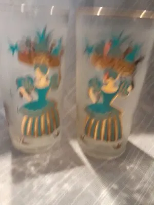 Vintage Mid Century Modern Frosted Gold Blue Hawaiian Glass Tumblers • $29.95