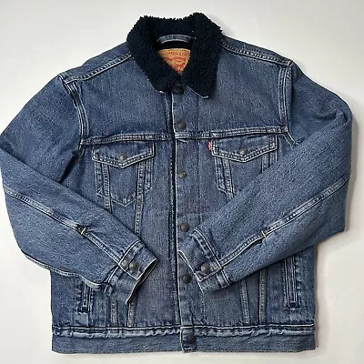 Levis Trucker Jacket Men’s Medium Denim Jean Blue Adult Sherpa Fleece Lined • $36.97