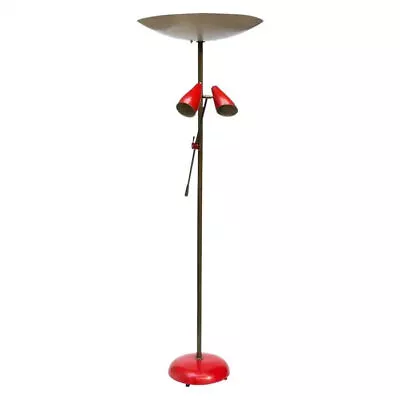 50s Floor Lamp Brass Enamelled Red And Cream Shades Italian Design By Stilnovo • $2189.38