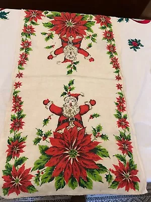 Vintage MCM Linen Christmas Tea Towel Santa   27  X 15  Poinsettia  • $14.99