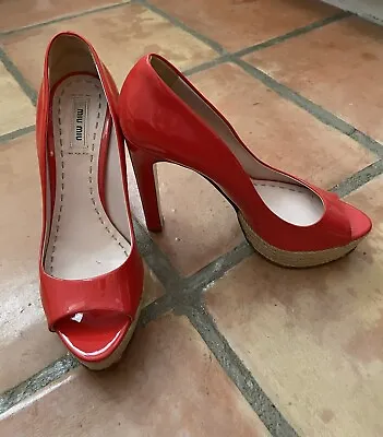 EUC Miu Miu Size 38.5 Orange Patent Leather Platform Heels Pumps WORN ONCE Prada • $59.99