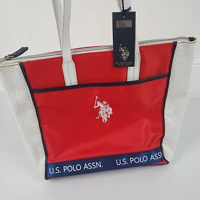 U.S POLO ASSN Womens Tote Bag Purse Large Logo NWT New Zippered Red White Blue • $22.99