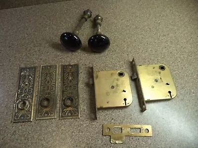 Vintage 8 LOT 1898 Yale Mortise Locks Ornate Brass Face Plates Black Knobs • $54.49