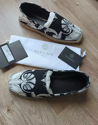 Versace Barocco Black White Print Espadrille Shoes Mens 10.5 EU 43.5 • $234.90