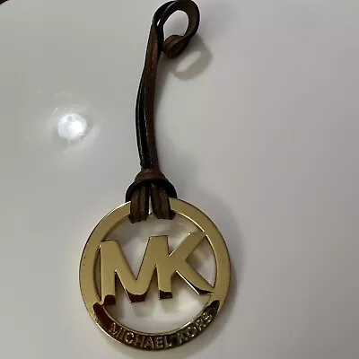 Michael Kors Keychain Hang Tag Key Fob Charm Gold Tone Brown Leather Loop Strap • $18.99