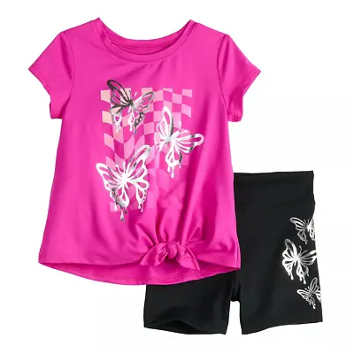 Jumping Beans Pink Tie-Front Tee Black Bike Shorts Set Foil Butterflies Size 3T • $15