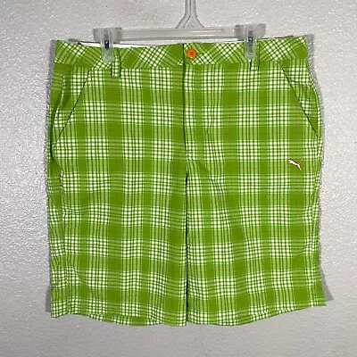 Puma Shorts Mens 36 Green Golf Performance Stretch Flat Front Plaid Casual • $24.99