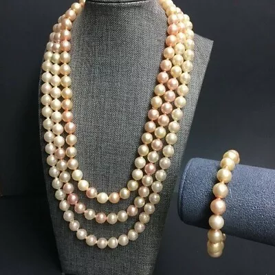 VTG Pop Bead Necklace Bracelet Beige Pearl Pink Triple Strand Adjustable Retro • $75