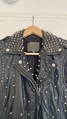 Muubaa Black Leather Studded Lynn Sleeveless Moto Biker Vest Jacket US 6 • $125