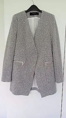 Zara Navy & Ecru Long Jacquard Blazer Jacket With Zipped Pockets Size S • £59.99
