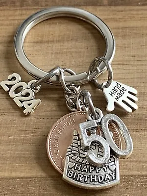 50th Birthday Polished 1974 Coin & Charms On Keyring In Gift Bag For Him Or Her • £7.99
