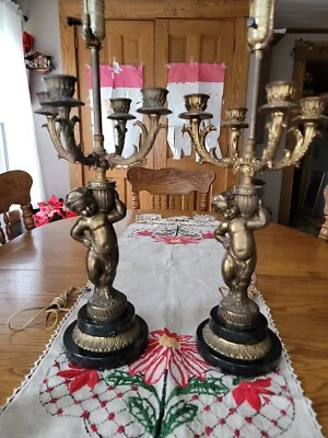 $147.50 • Buy 2 Vintage Italian Hollywood Regency Candelabra Table Lamp Cherubs Black Marble